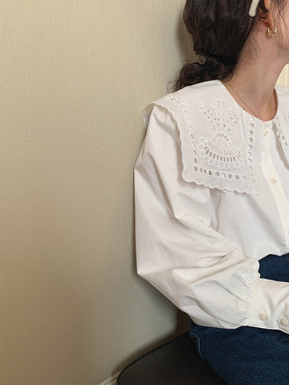 French Eyelet Embroidery Large Collar Blouse