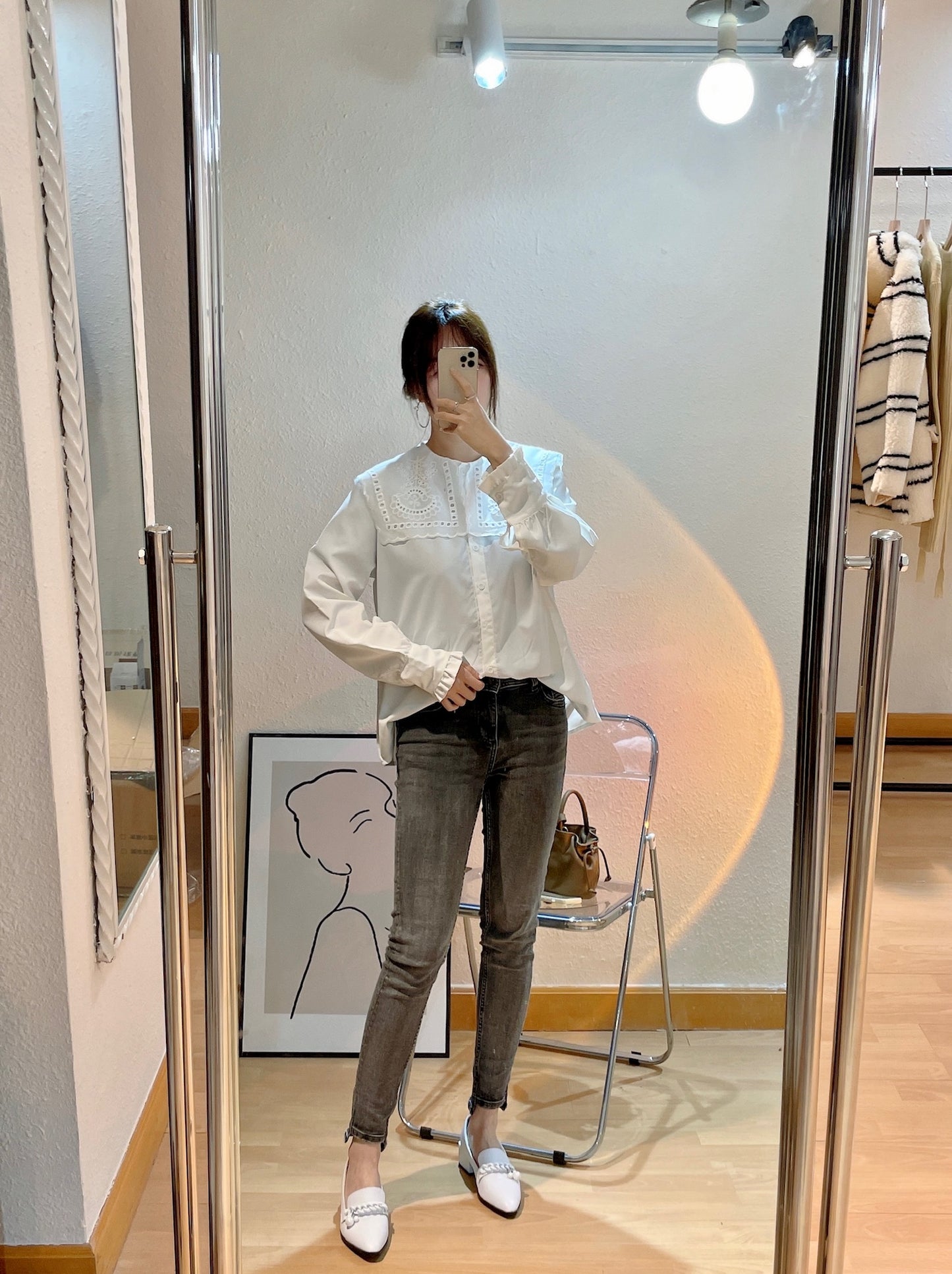 French Eyelet Embroidery Large Collar Blouse