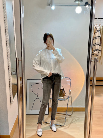 French Eyelet Embroidery Large Collar Blouse